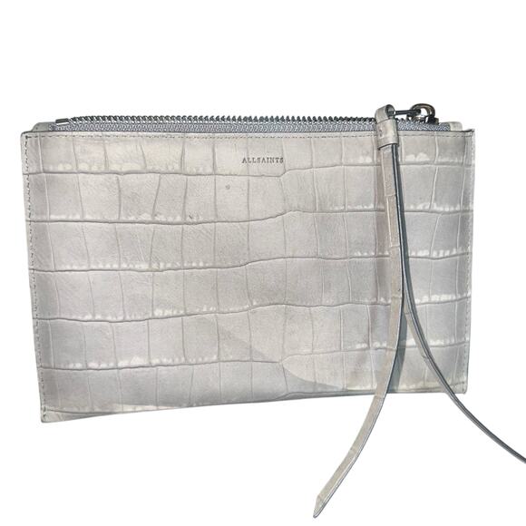 AllSaints Gray Black Croc Embossed Leather Crossbody Messenger Bag - Picture 4 of 10